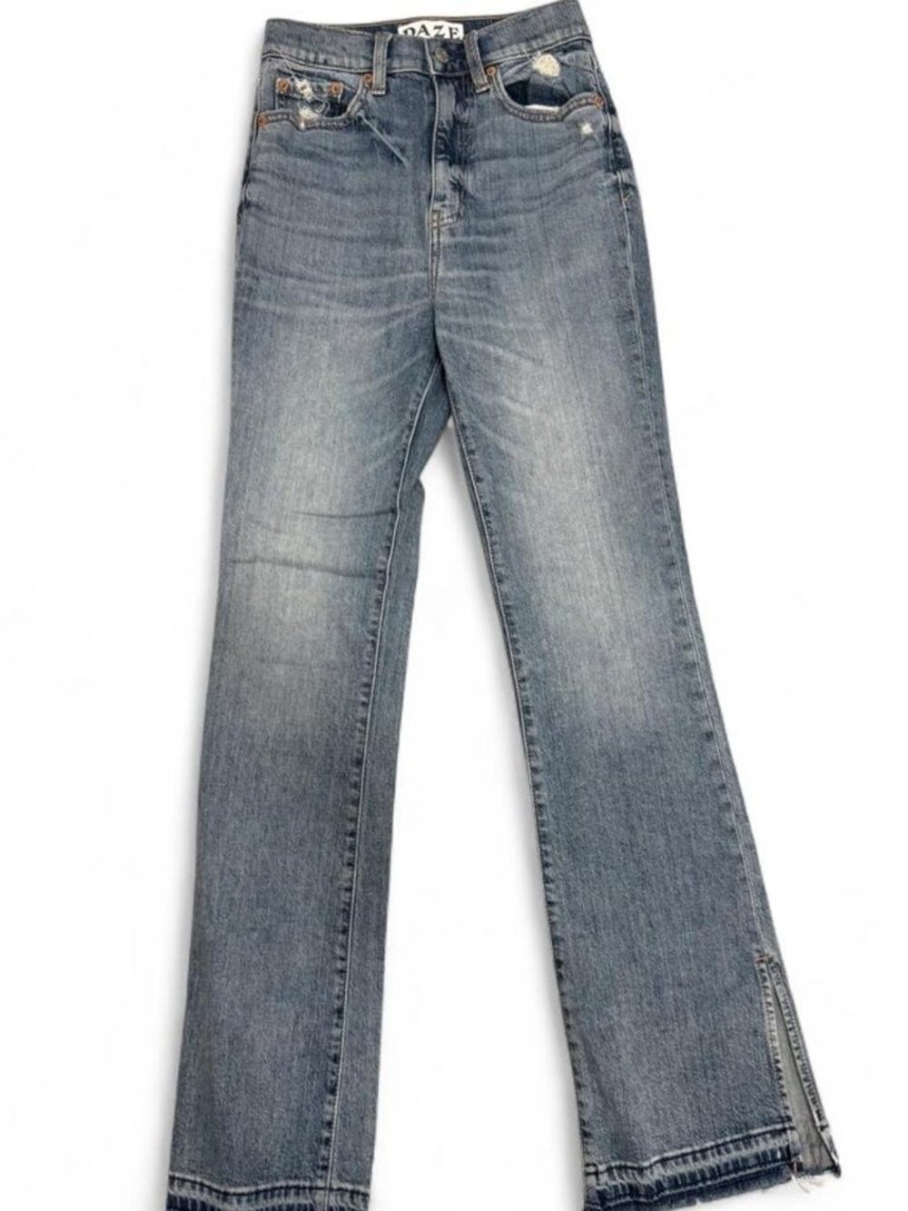 Daze mid wash flare jeans. Mid-to-high rise. Distressed hem. Size 25